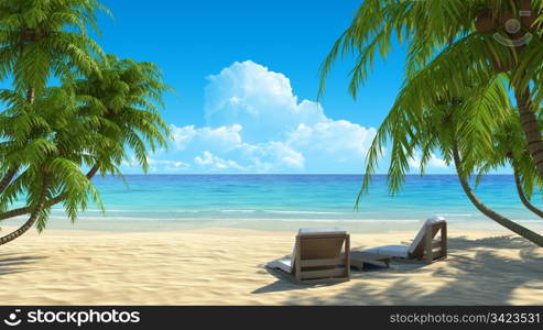 Two beach chairs on idyllic tropical white sand beach. Shadow from the palm trees. No noise, clean, extremely detailed 3d render. Concept for holidays, spa, resort design.