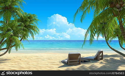 Two beach chairs on idyllic tropical white sand beach. Shadow from the palm trees. No noise, clean, extremely detailed 3d render. Concept for holidays, spa, resort design.