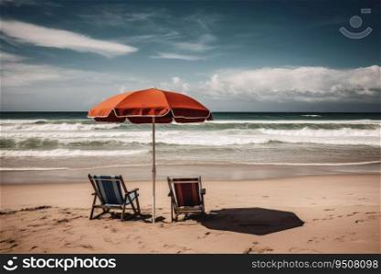 Two beach chairs with a parasol directly on the beach created with generative AI technology