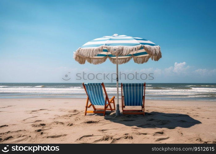 Two beach chairs with a parasol directly on the beach created with generative AI technology