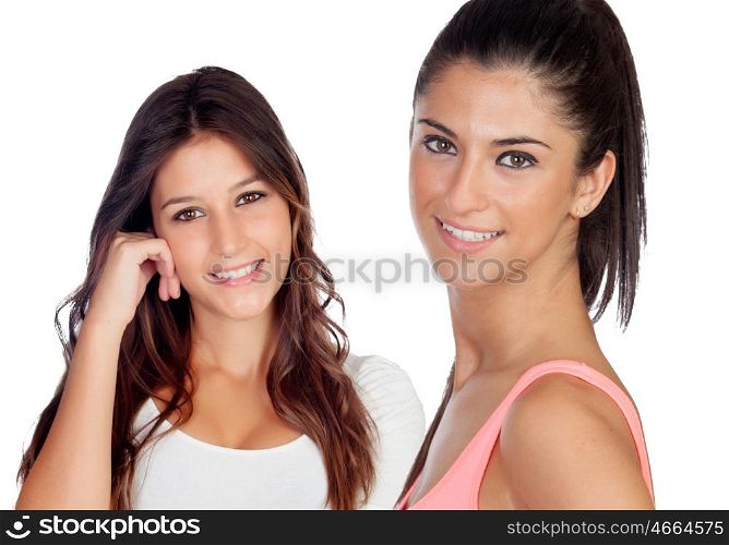 Two beautiful casual girls isolated on a white background