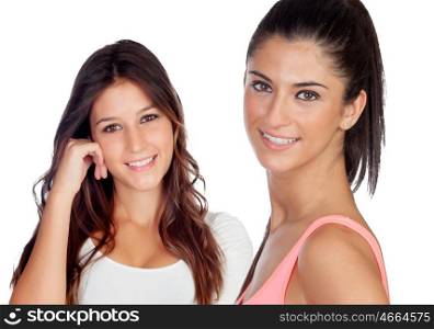 Two beautiful casual girls isolated on a white background