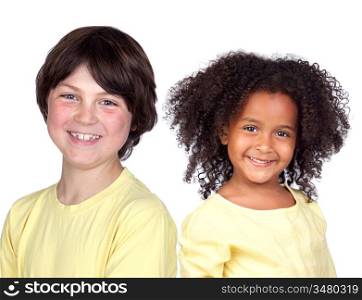 Two beautiful children in yellow isolated on a over white background