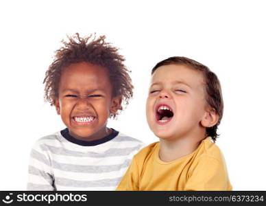 Two beautiful children laughing isolated on a white backround