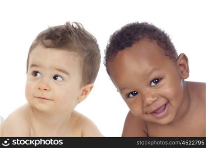 Two beautiful children looking at camera isolated on a white background