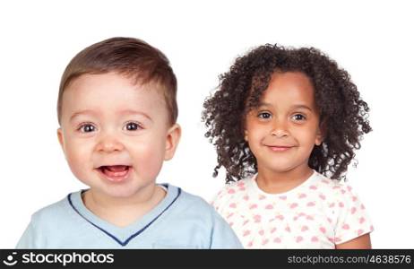 Two beautiful children looking at camera isolated on a white background