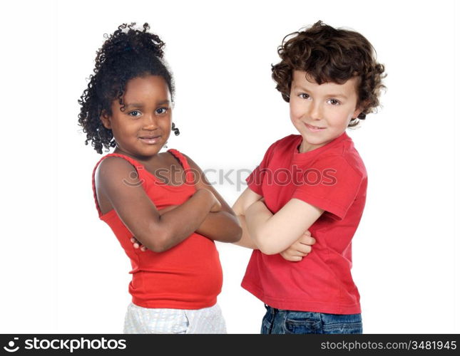 Two beautiful children of different races isolated on a over white background