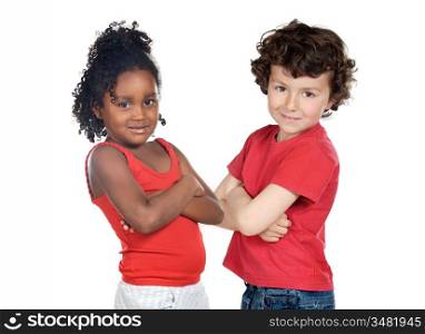 Two beautiful children of different races isolated on a over white background