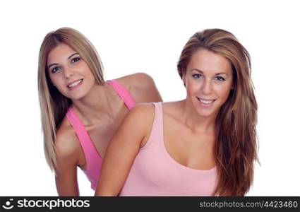 Two beautiful friends in pink isolated on a white background