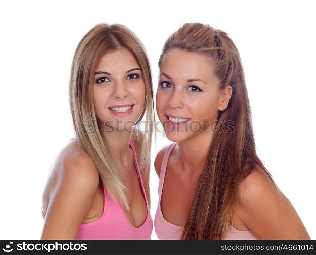 Two beautiful friends in pink isolated on a white background