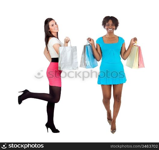 Two beautiful girls shopping isolated on white background