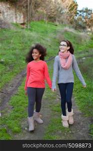 Two beautiful girls taking a walk by a green field