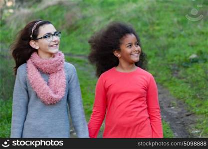 Two beautiful girls taking a walk by a green field