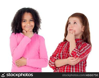 Two beautiful girls thinking isolated on a white background