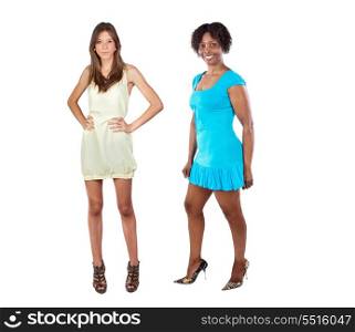 Two beautiful girls with heel shoes isolated on a over white background