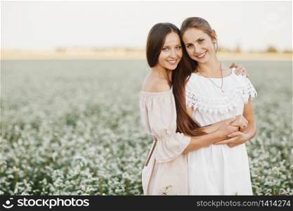 Two beautiful girls with long hair in a blooming field at sunset. two beautiful sisters in a flowering field.. Two beautiful girls with long hair in a blooming field at sunset. two beautiful sisters in a flowering field