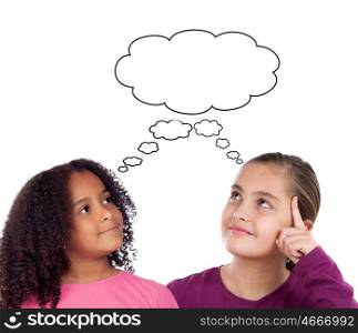 Two beautiful little girl thinking isolated on a white background