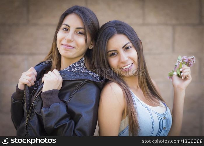Two Beautiful Mixed Race Twin Sisters Portrait Outdoors.