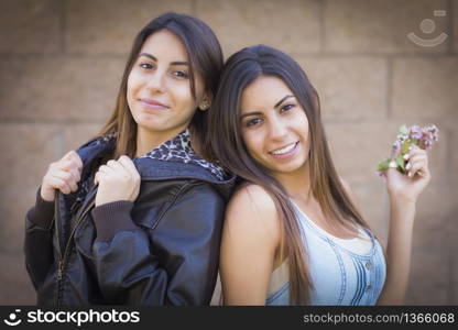 Two Beautiful Mixed Race Twin Sisters Portrait Outdoors.