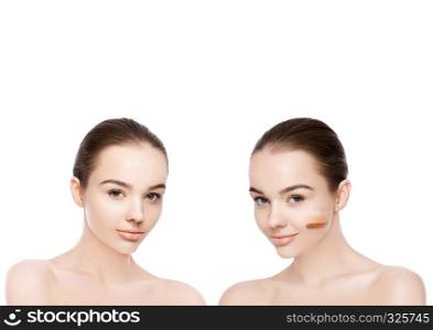 Two beautiful models with natural beauty makeup on white background