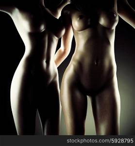 Two beautiful nude sexy lesbian women in erotic foreplay game in dark studio