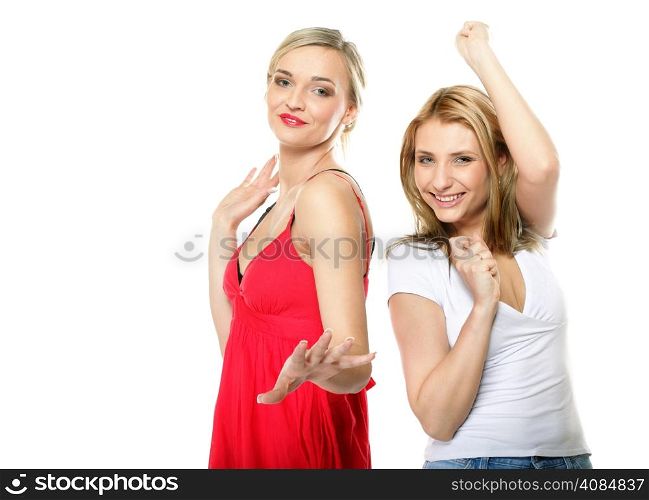 Two beautiful sexy crazy women in summer clothes. Studio portrait.