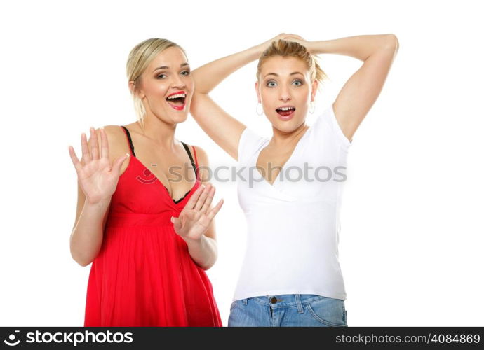 Two beautiful sexy crazy women in summer clothes. Studio portrait.