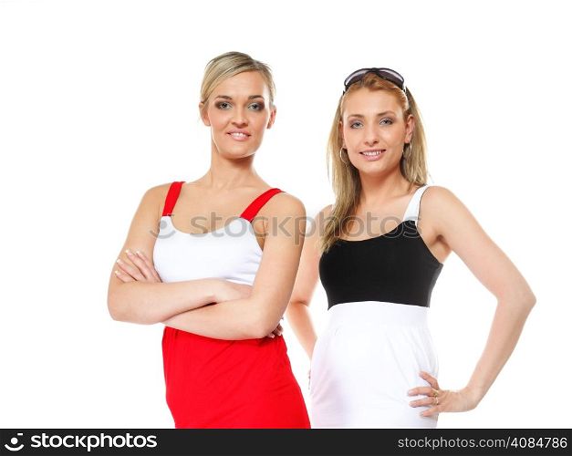 Two beautiful sexy crazy women in summer clothes. Studio shot isolated on white background