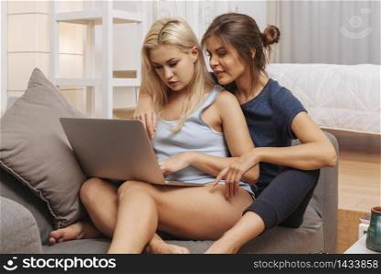 Two beautiful women in a relationship sitting on a sofa sharing the laptop.