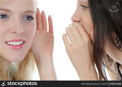 Two beautiful women telling secret. Isolated on white background