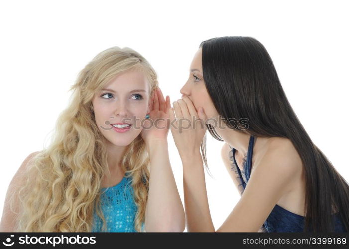 Two beautiful women telling secret. Isolated on white background