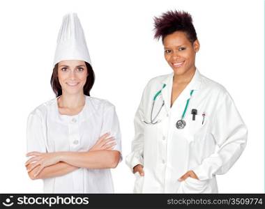 Two beautiful workers women on a over white background