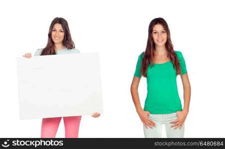 Two beautiful young woman and one of their holding a poster . Two beautiful young woman and one of their holding a poster isolated on a white background