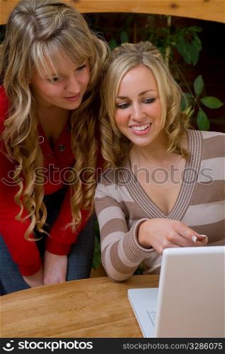 Two beautiful young women using a laptop to shop on the internet