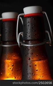 Two beer bottles on dark background