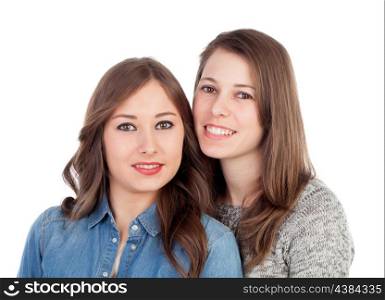 Two best friends looking at side isolated on a white background