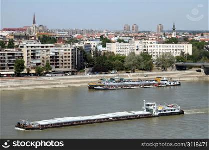 Two big barges on the river in Novi Sad, Serbia
