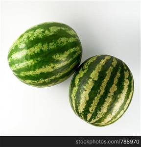 two big green striped whole watermelon on a white background, summer berry, top view