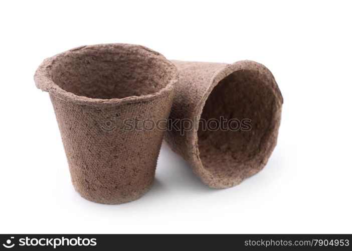 Two Biodegradable Peat Moss Pots Isolated On White Background