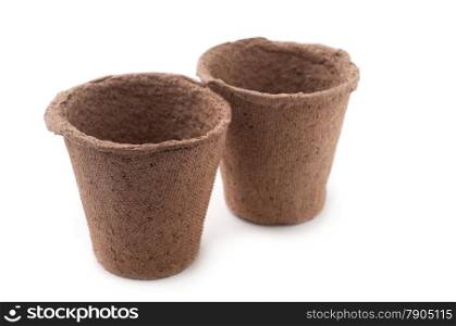 Two Biodegradable Peat Moss Pots Isolated On White Background