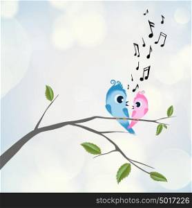 Two birds flirting and singing on branch