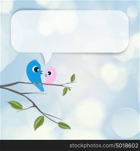 Two birds flirting and talking on branch, blank balloon with copyspace overhead