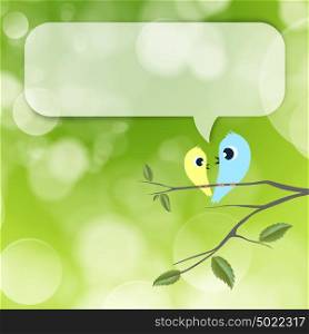 Two birds flirting and talking on branch, blank balloon with copyspace overhead