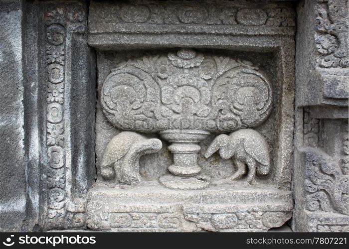 Two birds on the wall of stone hindu temple in Prambanan, Indonesia