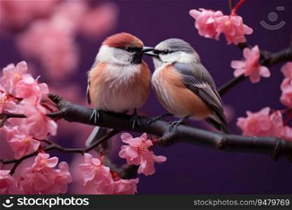 Two birds sitting on a branch with pink blossoms. Generative AI
