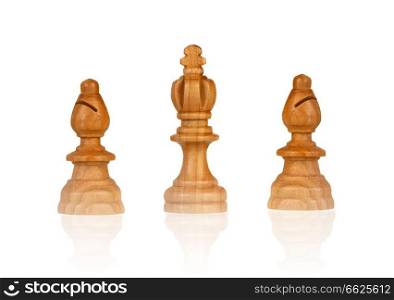 Two bishops next a king. Chess pieces isolated on a white background
