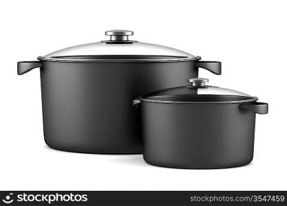 two black cooking pans isolated on white background