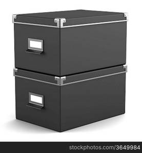 two black office cardboard boxes isolated on white background