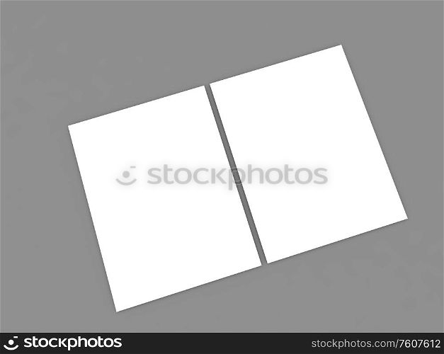 Two blank empty A4 paper sheets on a gray background. 3d render illustration.. Two blank empty A4 paper sheets on a gray background.
