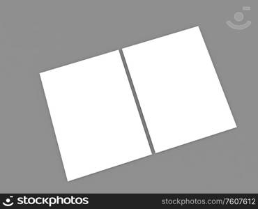 Two blank empty A4 paper sheets on a gray background. 3d render illustration.. Two blank empty A4 paper sheets on a gray background.